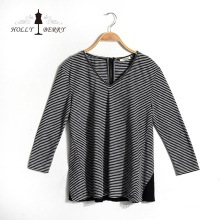 V-neck Fashion Breathable Black White Striped Autumn Womens Shirts